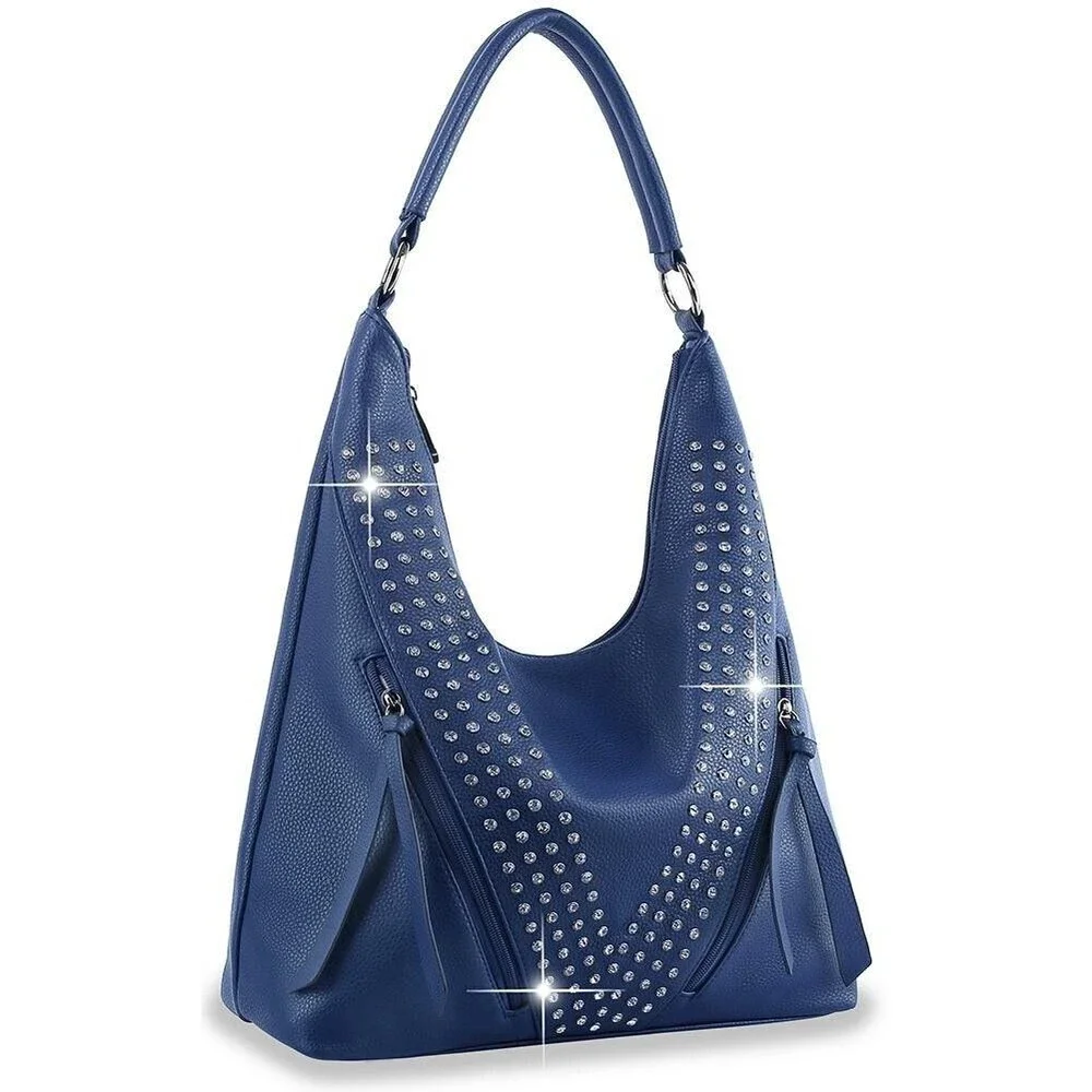 Blue Rhinestone Accented Bucket Style Hobo Handbag Shoulder Bag Tote